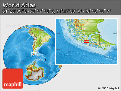 Physical Location Map of the Area around 54° 10' 47" S, 71° 19' 29" W