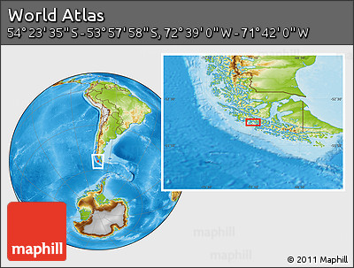 Physical Location Map of the Area around 54° 10' 47" S, 72° 10' 30" W