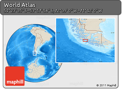 Shaded Relief Location Map of the Area around 54° 10' 47" S, 72° 10' 30" W