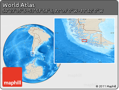 Shaded Relief Location Map of the Area around 54° 10' 47" S, 72° 10' 30" W