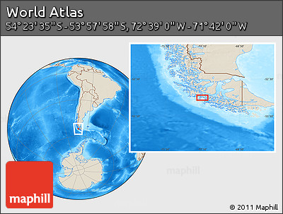 Shaded Relief Location Map of the Area around 54° 10' 47" S, 72° 10' 30" W