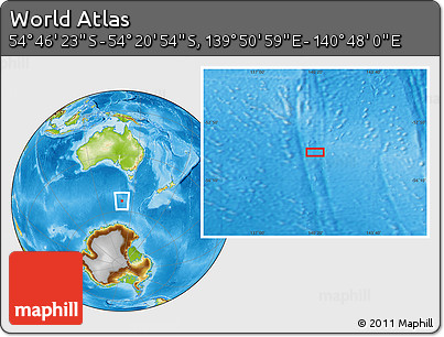 Physical Location Map of the Area around 54° 33' 39" S, 140° 19' 29" E