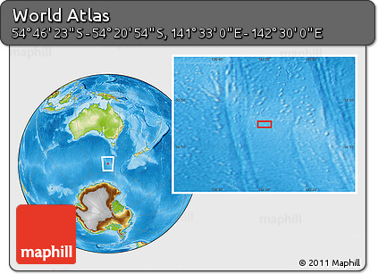 Physical Location Map of the Area around 54° 33' 39" S, 142° 1' 30" E