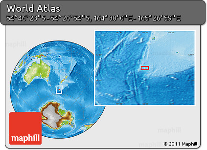 Physical Location Map of the Area around 54° 33' 39" S, 164° 58' 29" E