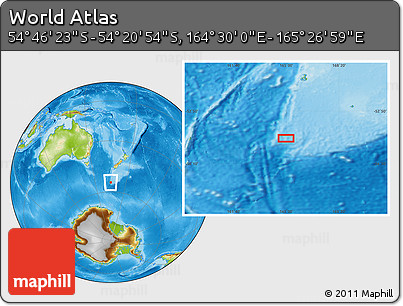 Physical Location Map of the Area around 54° 33' 39" S, 164° 58' 29" E