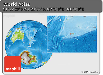 Physical Location Map of the Area around 54° 33' 39" S, 167° 31' 30" E