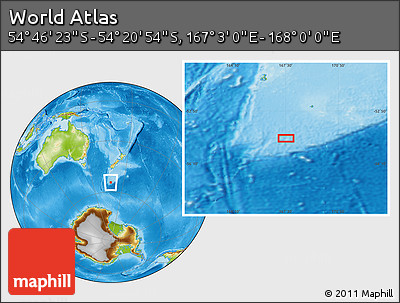 Physical Location Map of the Area around 54° 33' 39" S, 167° 31' 30" E
