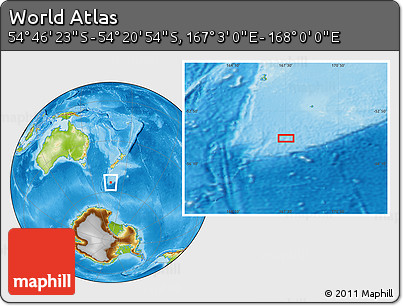 Physical Location Map of the Area around 54° 33' 39" S, 167° 31' 30" E
