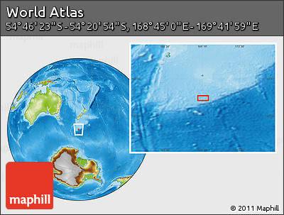 Physical Location Map of the Area around 54° 33' 39" S, 169° 13' 29" E