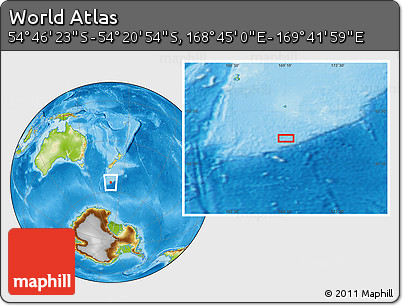 Physical Location Map of the Area around 54° 33' 39" S, 169° 13' 29" E