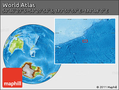 Physical Location Map of the Area around 54° 33' 39" S, 174° 19' 29" E