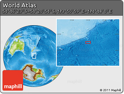 Physical Location Map of the Area around 54° 33' 39" S, 174° 19' 29" E