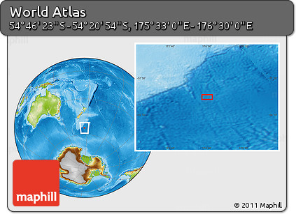Physical Location Map of the Area around 54° 33' 39" S, 176° 1' 30" E