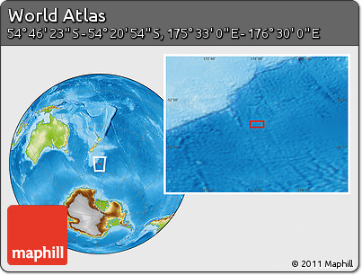 Physical Location Map of the Area around 54° 33' 39" S, 176° 1' 30" E