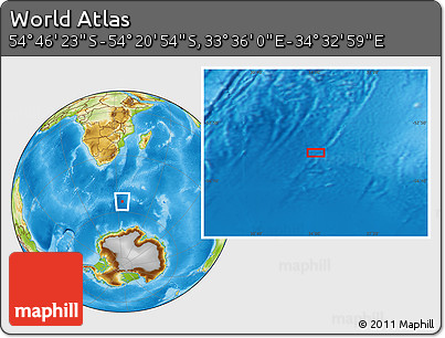 Physical Location Map of the Area around 54° 33' 39" S, 34° 4' 30" E
