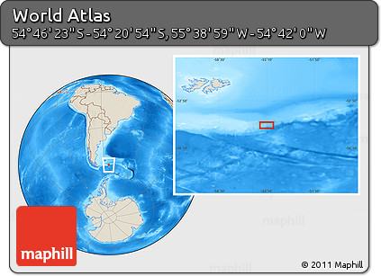 Shaded Relief Location Map of the Area around 54° 33' 39" S, 55° 10' 29" W