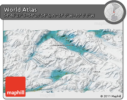 Satellite 3D Map of the Area around 54° 33' 39" S, 70° 28' 29" W