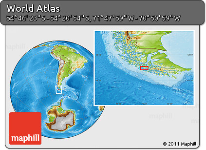 Physical Location Map of the Area around 54° 33' 39" S, 71° 19' 29" W