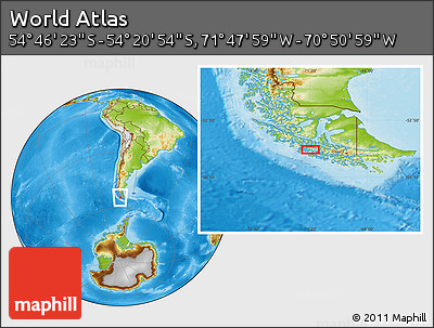 Physical Location Map of the Area around 54° 33' 39" S, 71° 19' 29" W