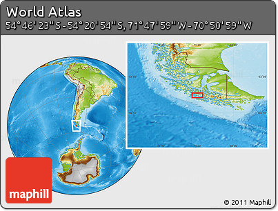 Physical Location Map of the Area around 54° 33' 39" S, 71° 19' 29" W