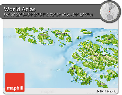 Physical 3D Map of the Area around 54° 33' 39" S, 72° 10' 30" W