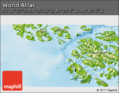 Physical 3D Map of the Area around 54° 33' 39" S, 72° 10' 30" W
