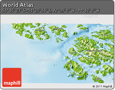 Physical 3D Map of the Area around 54° 33' 39" S, 72° 10' 30" W