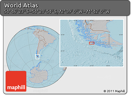 Gray Location Map of the Area around 54° 33' 39" S, 72° 10' 30" W, hill shading