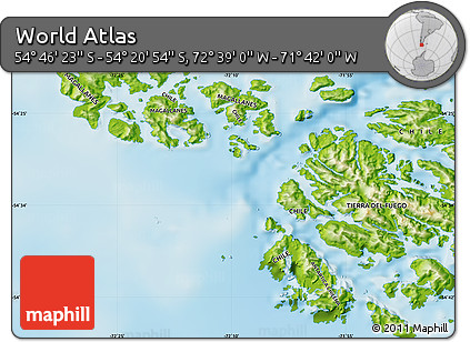 Physical Map of the Area around 54° 33' 39" S, 72° 10' 30" W