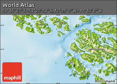 Physical Map of the Area around 54° 33' 39" S, 72° 10' 30" W