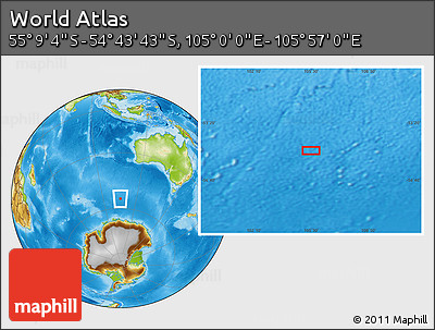Physical Location Map of the Area around 54° 56' 24" S, 105° 28' 29" E