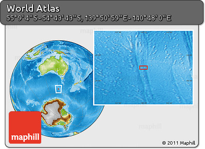 Physical Location Map of the Area around 54° 56' 24" S, 140° 19' 29" E