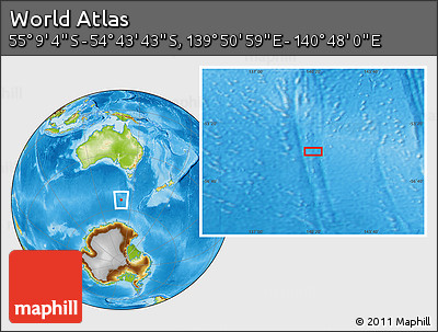 Physical Location Map of the Area around 54° 56' 24" S, 140° 19' 29" E