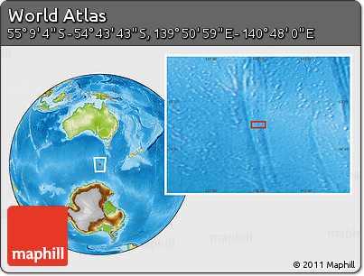 Physical Location Map of the Area around 54° 56' 24" S, 140° 19' 29" E