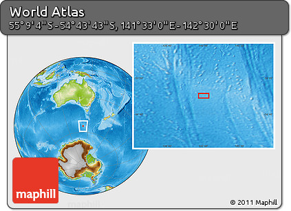 Physical Location Map of the Area around 54° 56' 24" S, 142° 1' 30" E