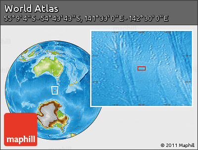 Physical Location Map of the Area around 54° 56' 24" S, 142° 1' 30" E
