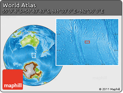 Physical Location Map of the Area around 54° 56' 24" S, 142° 1' 30" E