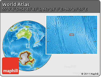 Physical Location Map of the Area around 54° 56' 24" S, 142° 52' 30" E