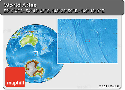 Physical Location Map of the Area around 54° 56' 24" S, 148° 49' 29" E