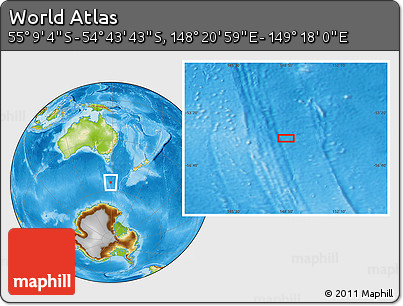 Physical Location Map of the Area around 54° 56' 24" S, 148° 49' 29" E