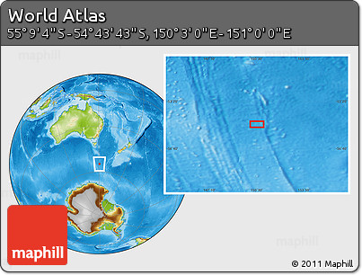 Physical Location Map of the Area around 54° 56' 24" S, 150° 31' 30" E