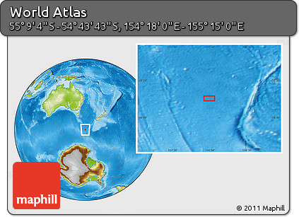 Physical Location Map of the Area around 54° 56' 24" S, 154° 46' 30" E