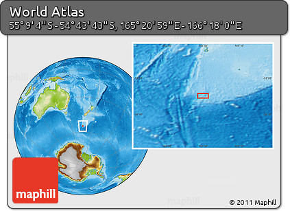 Physical Location Map of the Area around 54° 56' 24" S, 165° 49' 29" E