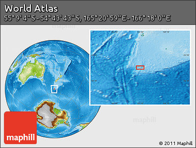 Physical Location Map of the Area around 54° 56' 24" S, 165° 49' 29" E