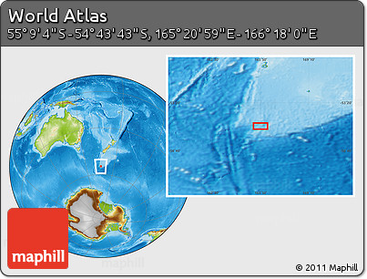 Physical Location Map of the Area around 54° 56' 24" S, 165° 49' 29" E