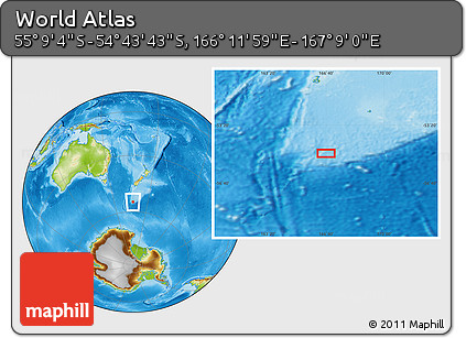 Physical Location Map of the Area around 54° 56' 24" S, 166° 40' 30" E