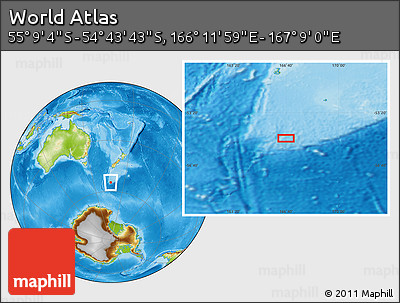 Physical Location Map of the Area around 54° 56' 24" S, 166° 40' 30" E