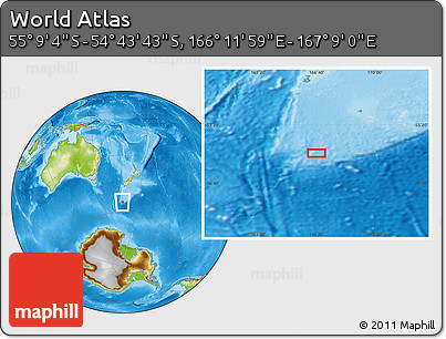 Physical Location Map of the Area around 54° 56' 24" S, 166° 40' 30" E