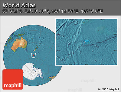 Satellite Location Map of the Area around 54° 56' 24" S, 166° 40' 30" E
