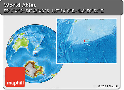 Physical Location Map of the Area around 54° 56' 24" S, 168° 22' 30" E
